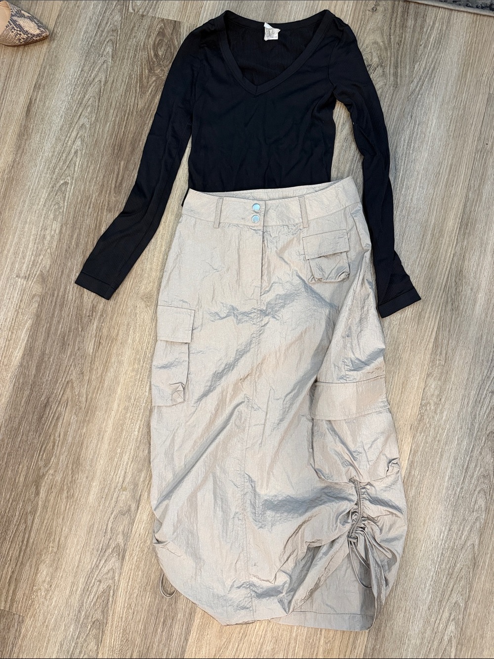 Women's Cargo Midi Skirt in Light Beige and black v neck body suit- 2 for 1